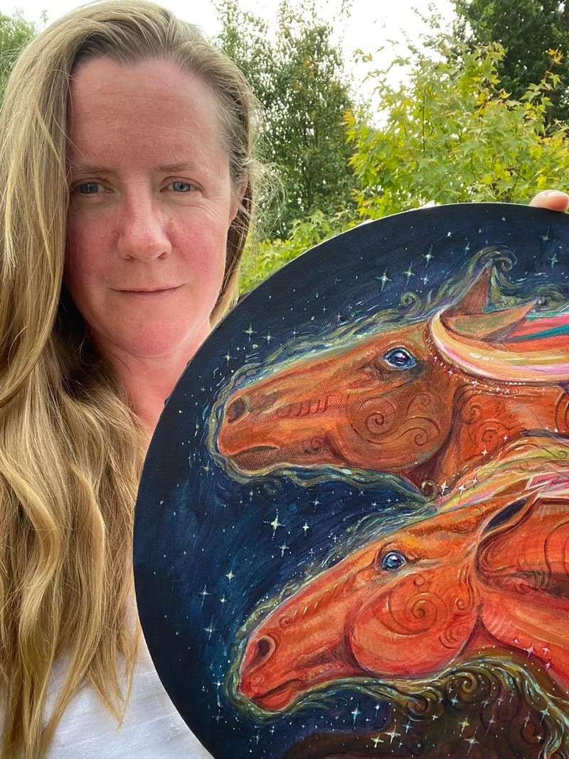 Original acrylic painting of a fiery horse on a circular canvas by Jezhawk, textured brushstrokes, West Wales studio art.