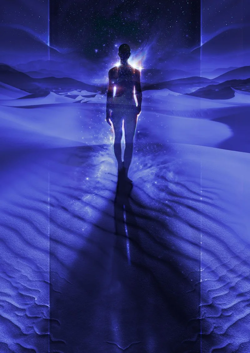 A silhouette of a person walking through a surreal, starry landscape resembling a desert with sand dunes, illuminated by a cosmic sky filled with stars and nebulae.