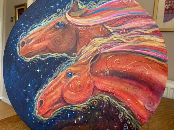 Original acrylic painting of a fiery horse on a circular canvas by Jezhawk, textured brushstrokes, West Wales studio art.