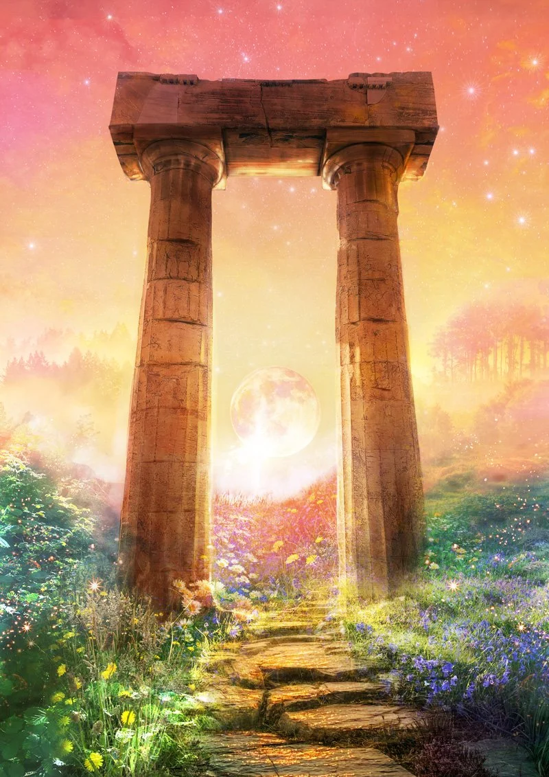 Ancient stone columns with a pathway leading through a vibrant, enchanted garden under a colorful, starry sky with a large glowing moon in the background.