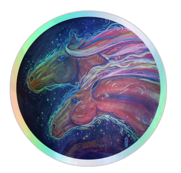 Colorful painting of three horses' heads surrounded by stars, with swirling manes and a dark starry background.