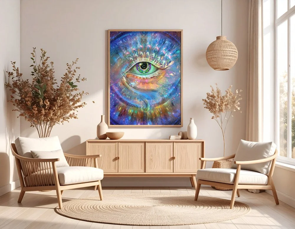 Image of the art print in a frame on a wall within a beautiful home.