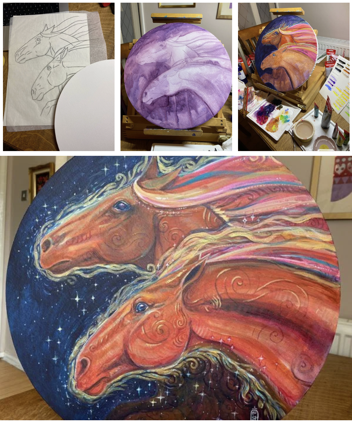 A grid of images showing The Firehorses painting in progress