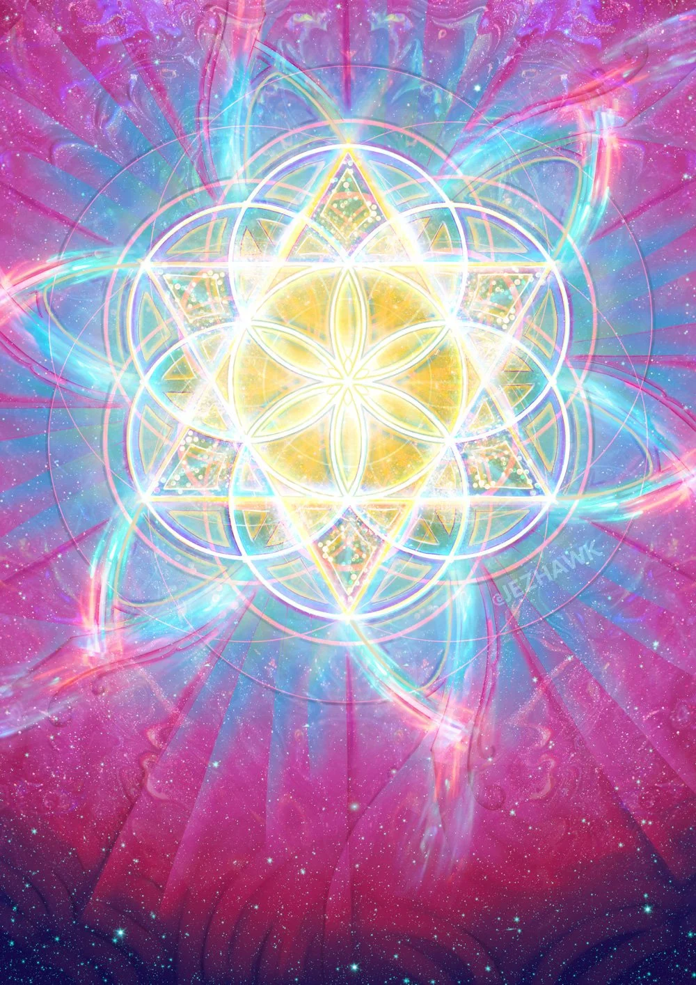 A colorful, glowing geometric mandala design with star-like and cosmic background in pink, purple, blue, and yellow hues.