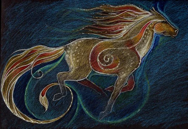 A pencil crayon drawing of a magical yellow horse.