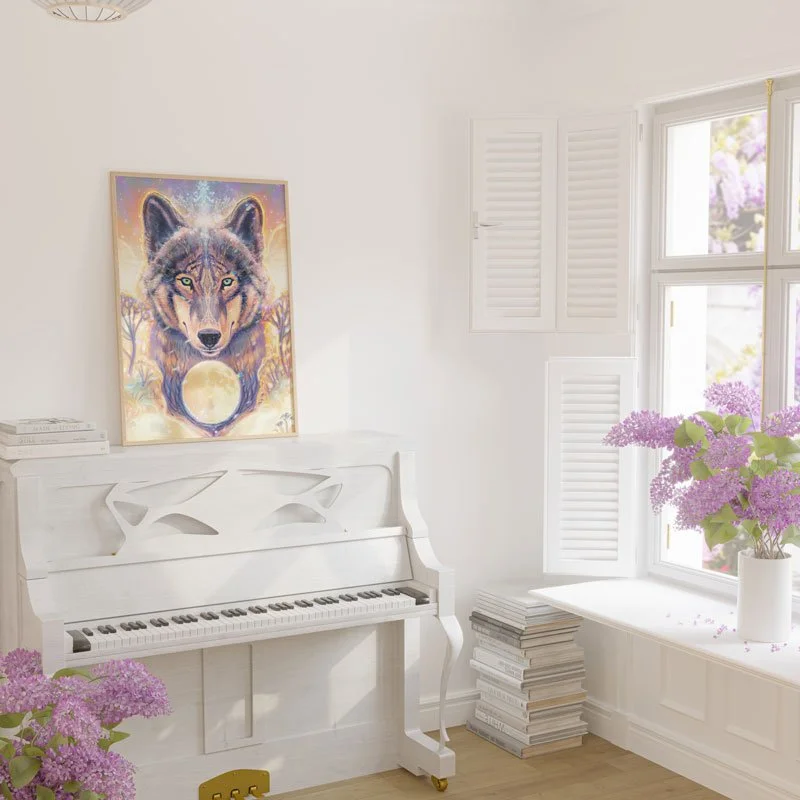 Preview image of Wolf Moon in a frame standing on a piano.
