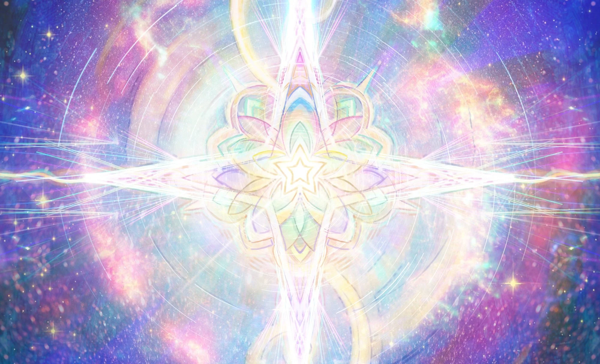 Abstract cosmic background with bright, colorful lights and symmetrical radiant star-like pattern in the center