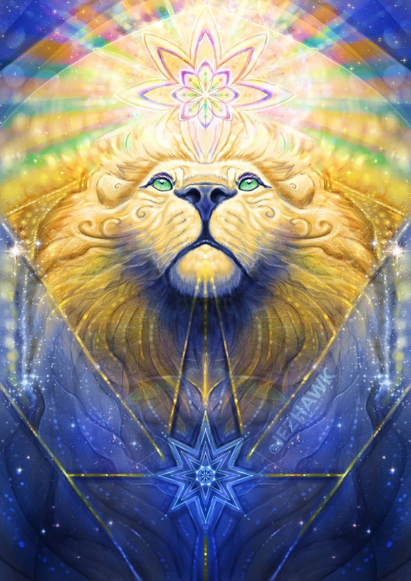 A mystical, colorful digital artwork featuring a lion's face with vibrant green eyes, surrounded by rainbow and starry patterns. At the top, there is a glowing, geometric flower and symmetrical star shapes, evoking a spiritual and cosmic theme.
