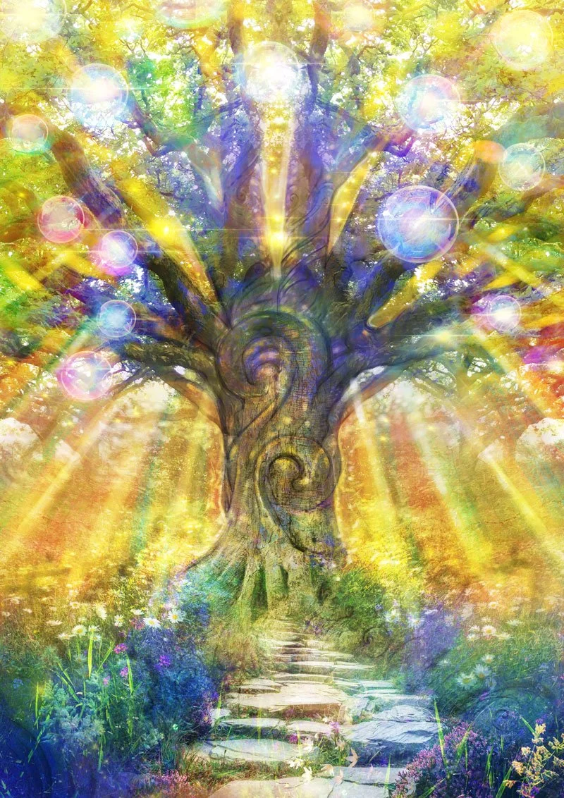 A colorful, fantasy-style image of a large, ancient tree with a glowing aura, surrounded by bright sunlight, rainbow rays, and vibrant flowers, with a stone pathway leading to it.