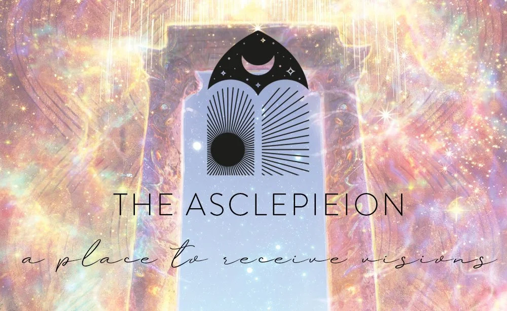 A mystical, cosmic scene with an open door revealing a starry sky and crescent moon, with luminous, pastel-colored nebula clouds surrounding it, and the text 'The Asclepion: a place to receive wisdom' overlayed.