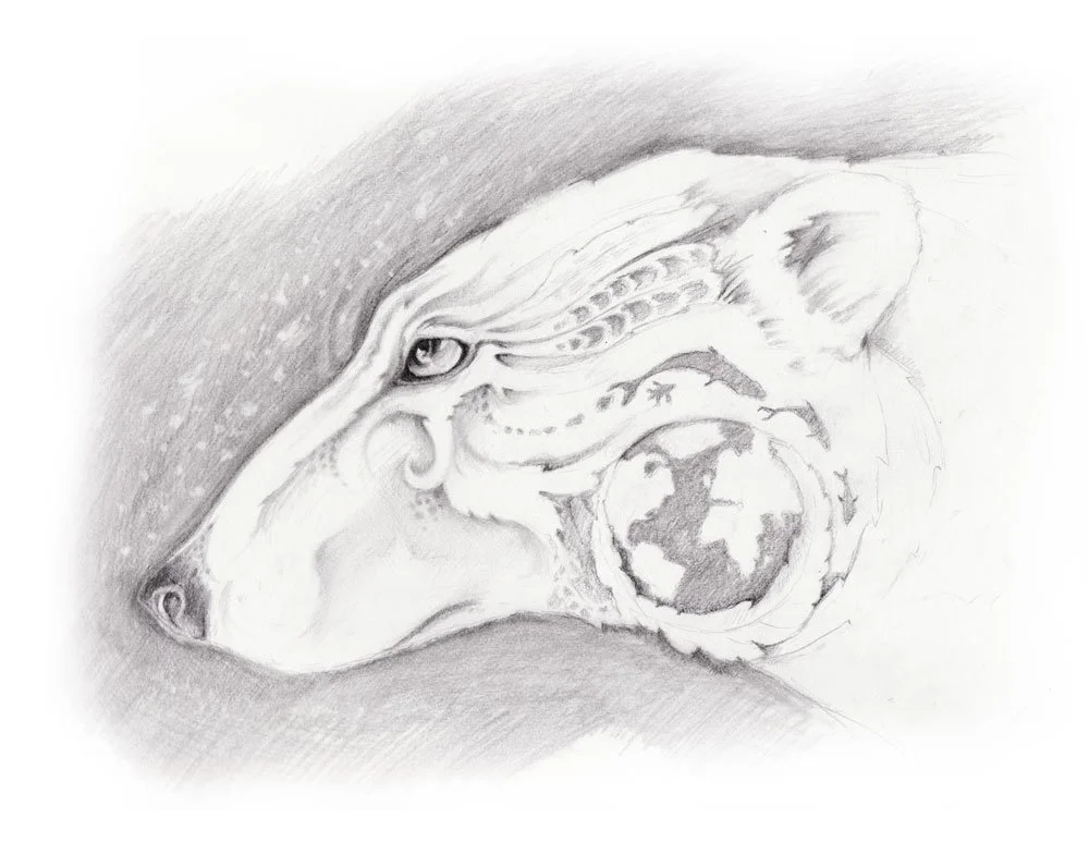 A pencil sketch of a Polar Bear's head, with a detailed eye and surrounding design elements, and a globe on its cheek.