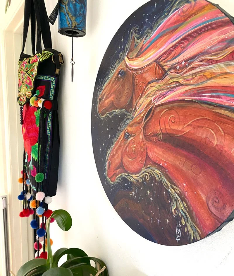 Original acrylic painting of a fiery horse on a circular canvas by Jezhawk, textured brushstrokes, West Wales studio art.