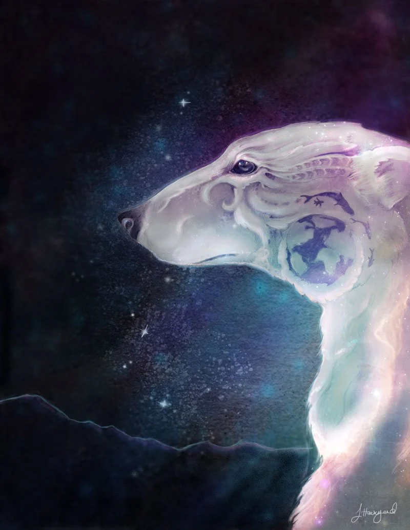 A digital painting of a Polar Bear's head and neck, with the background resembling a starry night sky. The Polar Bear has a cosmic appearance with Earth and earth elements depicted in its fur.