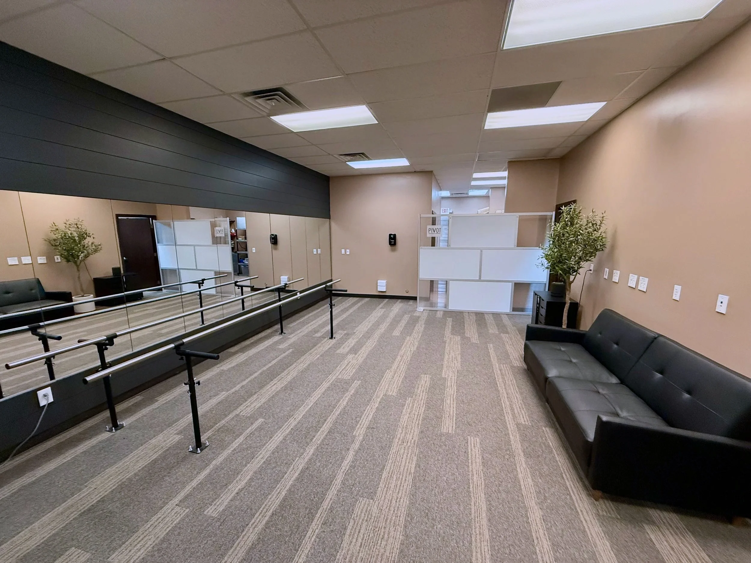 An empty waiting area with black leather sofas, potted plants, partition walls, and a row of folding chairs along the wall. The room has beige walls, gray carpet, and fluorescent ceiling lights.