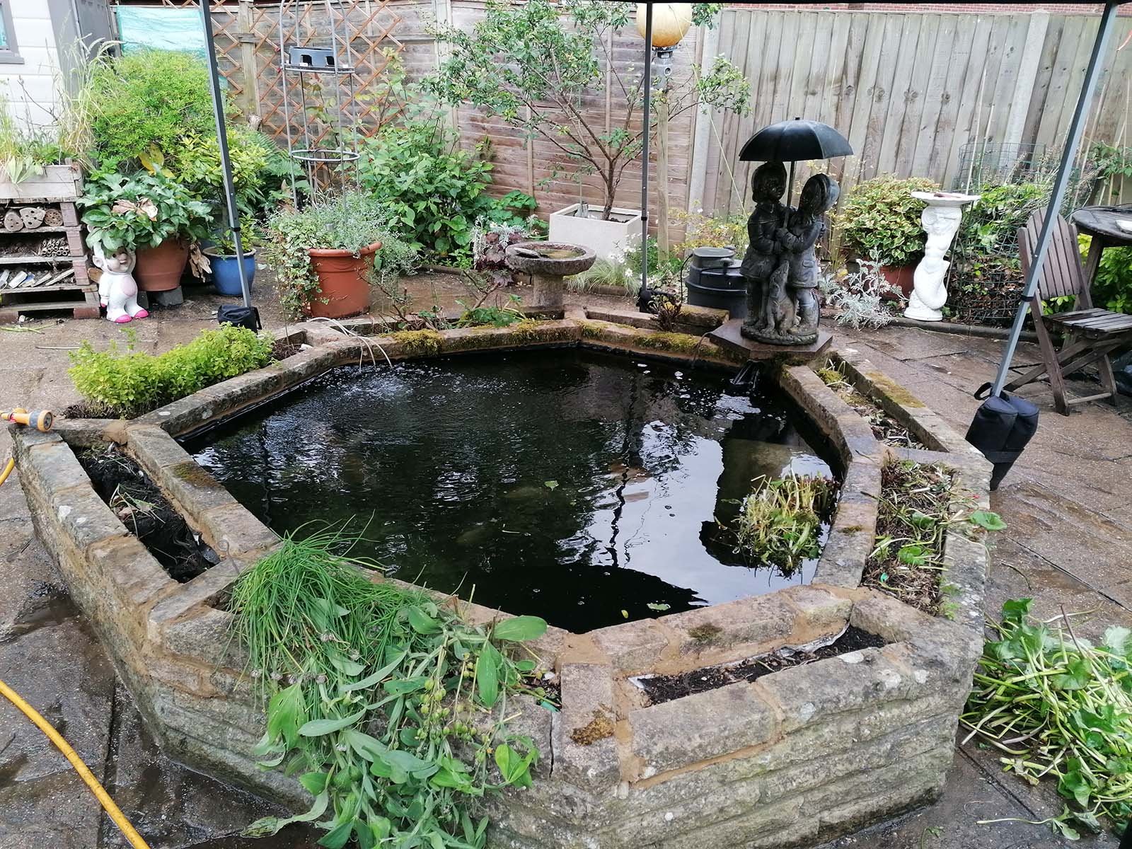 A large risen wildlife pond with stone structures around and pond plants growing out of the edges.