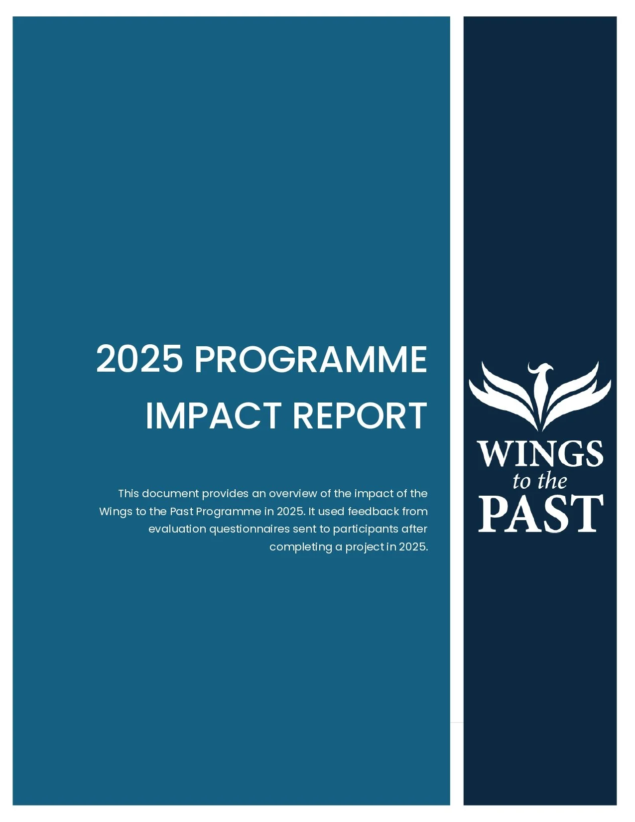 Cover page of a report titled '2025 Programme Impact Report' with the subtitle mentioning it provides an overview of the impact of the Wings to the Past Programme in 2025. The cover features the Wings to the Past logo and text in white on a blue background.