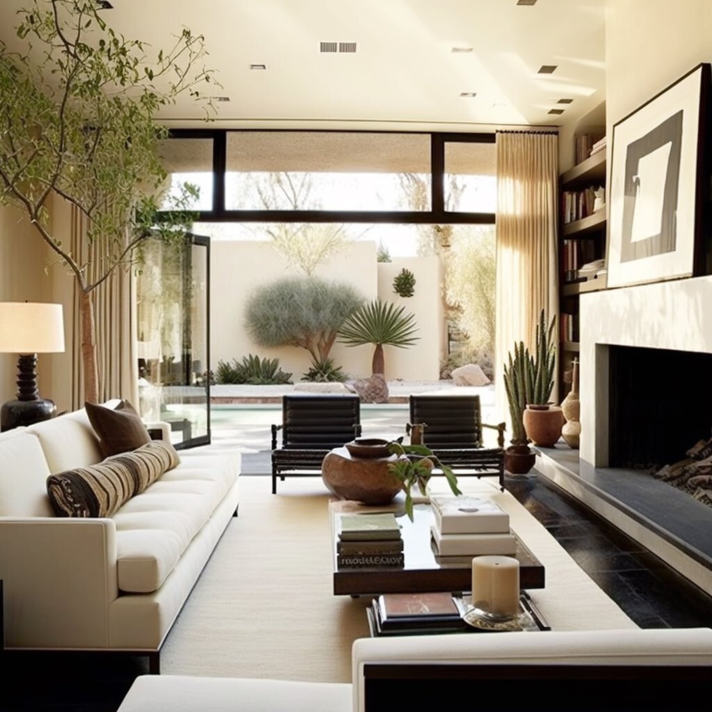 I&rsquo;ll start by saying this is a rendering. Visualizing a new project underway. Contemporary, drop of modern and a whole lot of warmth. #interiordesign #aidesign #livingroom #indooroutdoorliving #california #architecture