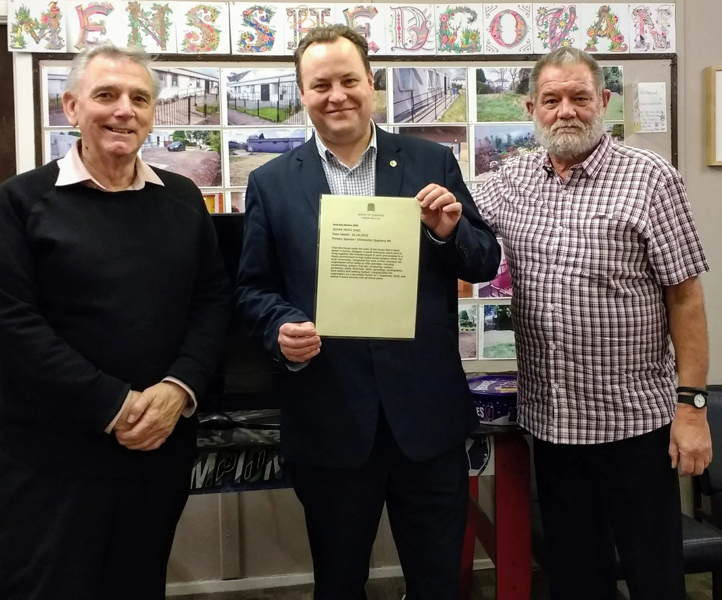 Chris Stevens MP presents an Early Day Motion in Westminster praising Men's Shed Govan's success.