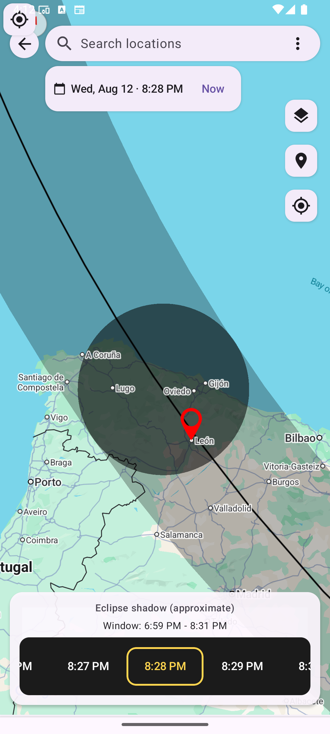 Eclipse Layer in Locations Map, showing the path of a solar eclipse and the position of the moon shadow at the selected time.