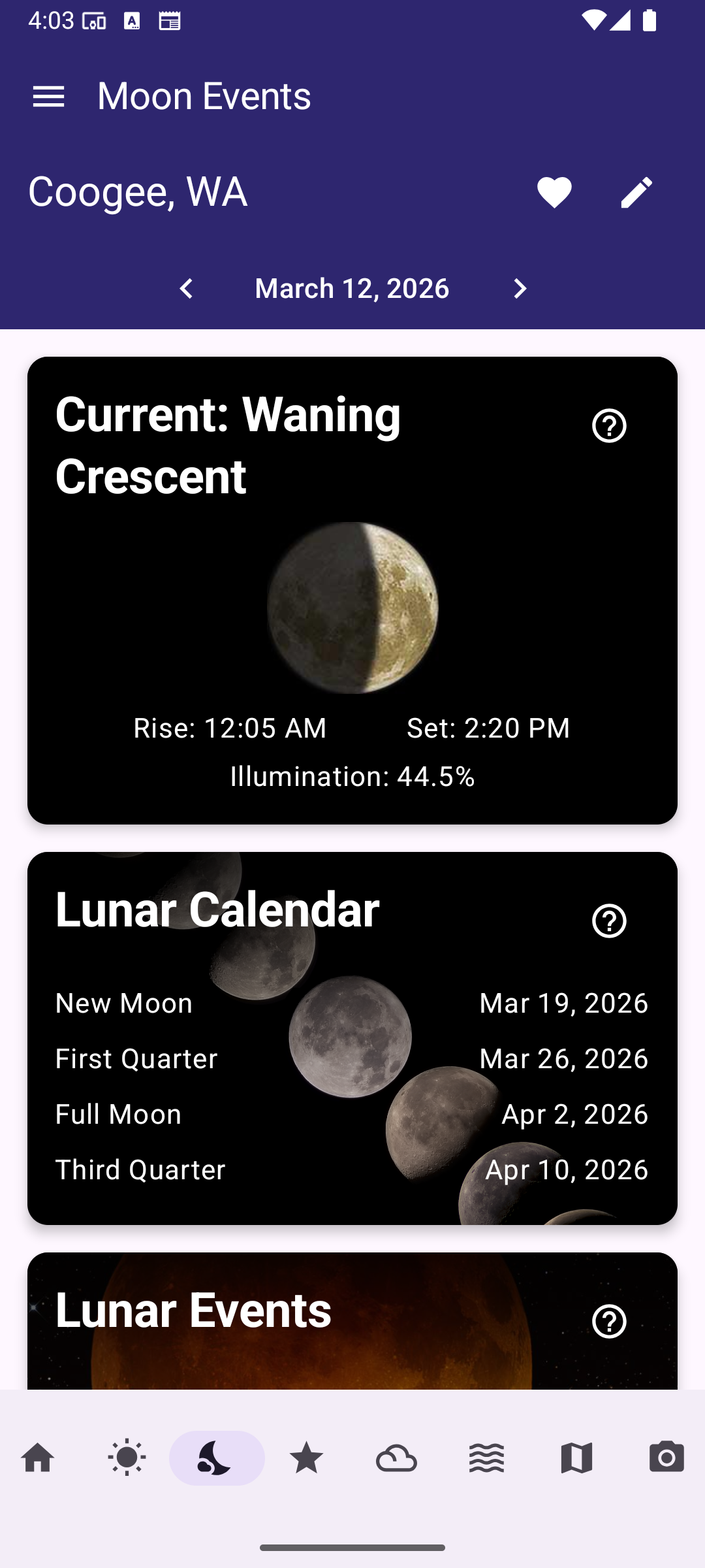 Moon Events screen with information about key events for the day and lunar information at the selected location