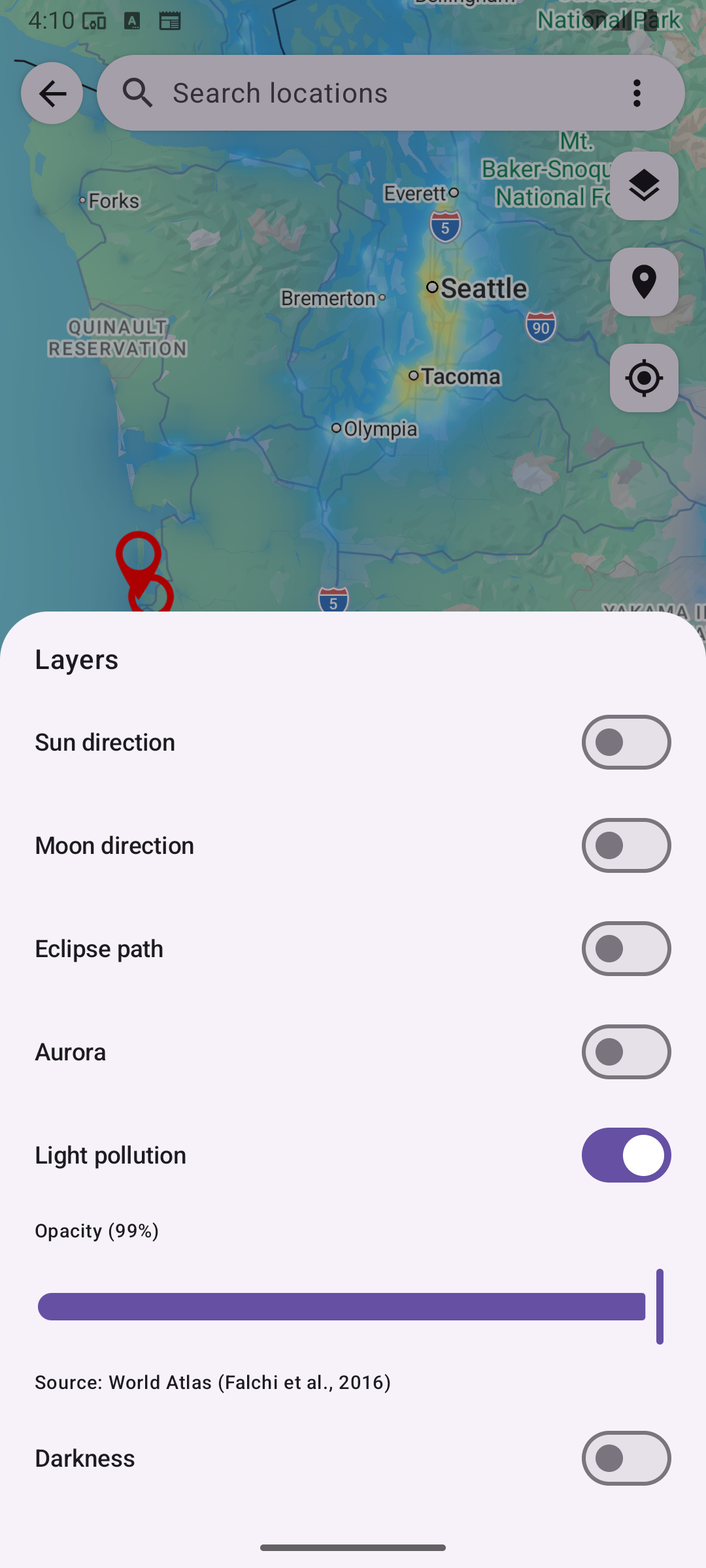 Locations Map layer selection, with the Light pollution layer enabled