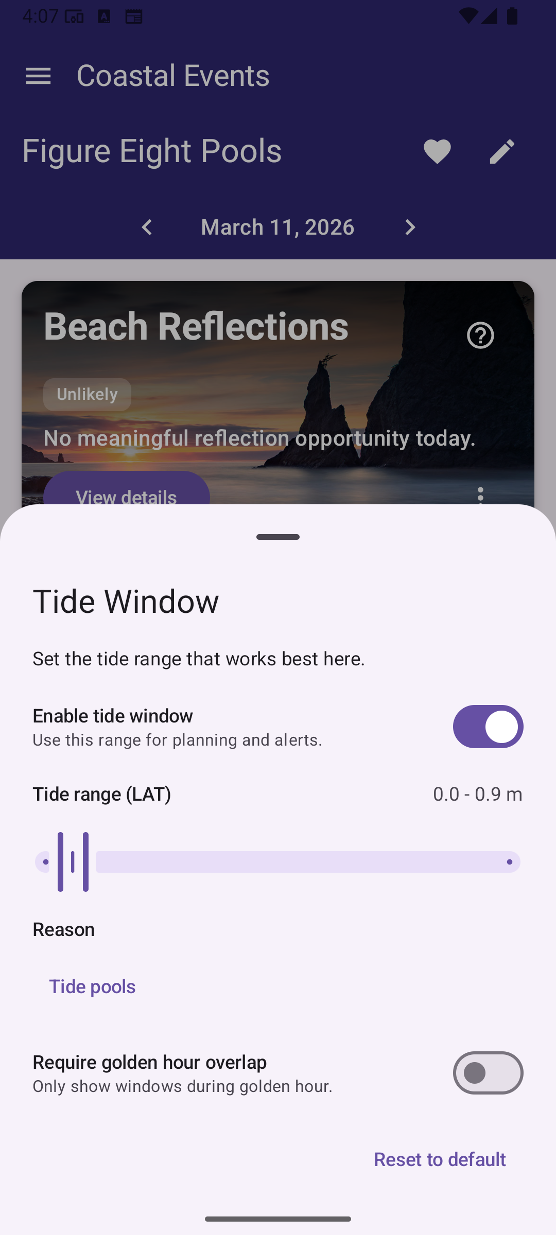 Configuring a tide window for the selected location. Allows you to know when certain features are at their best, in this case, tide pools.