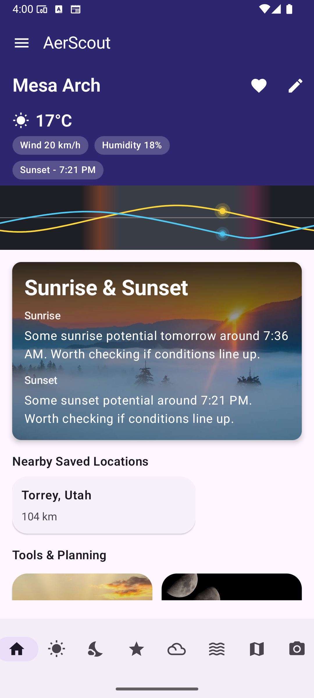 Aerscout Home screen with at a glance information about the current location