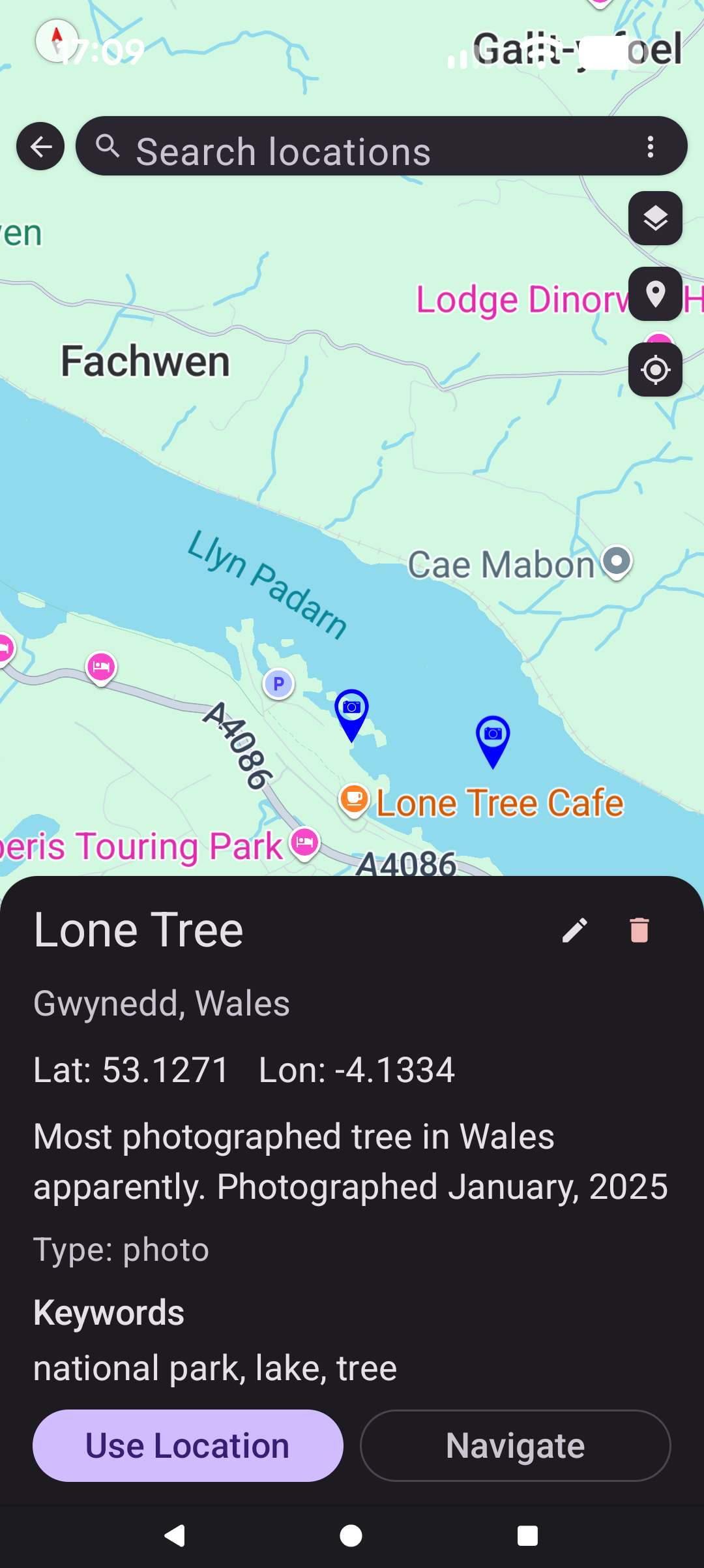 Saved locations can have additional information added to them such as notes and keywords.