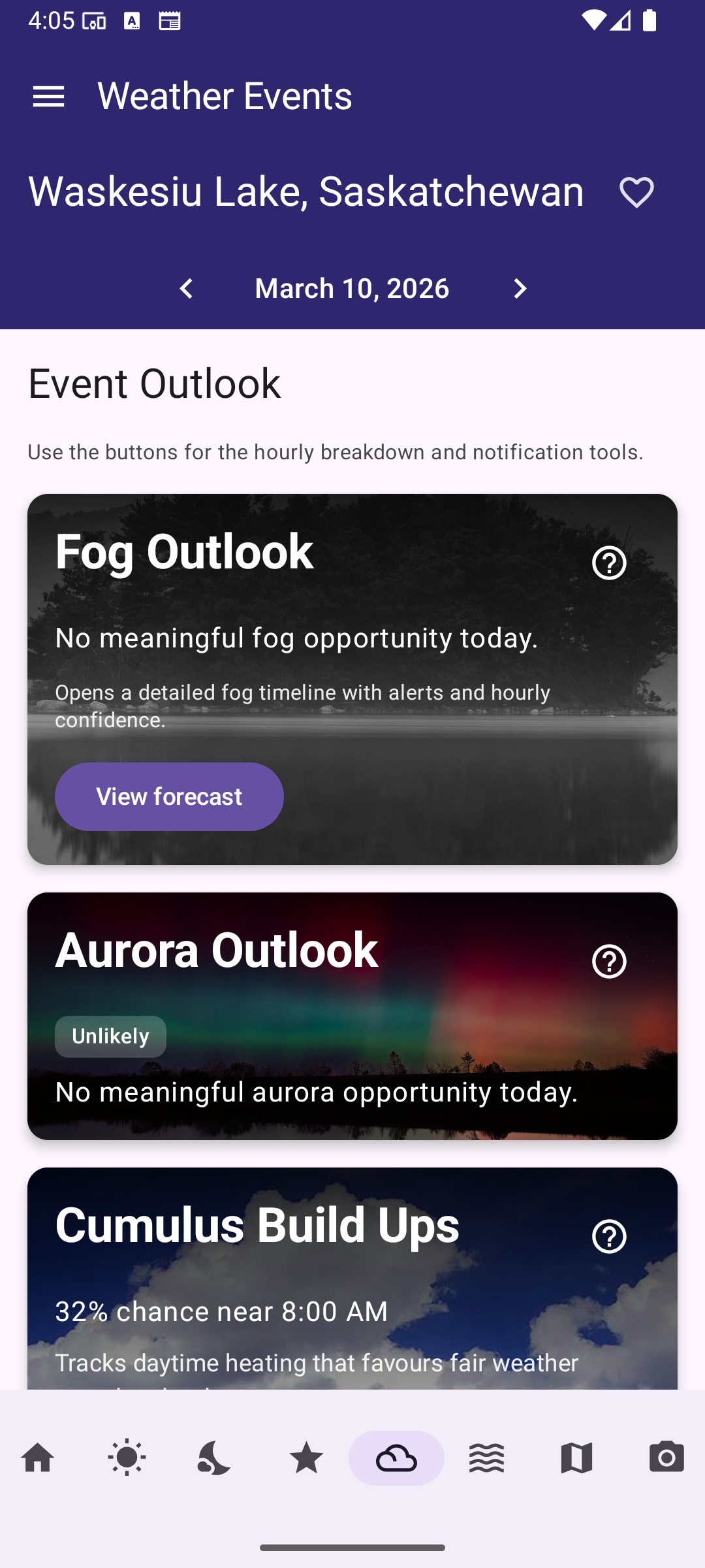 Weather Events screen with the outlook for the day including forecasting for a range of phenomena from fog, to Aurora, to frost.