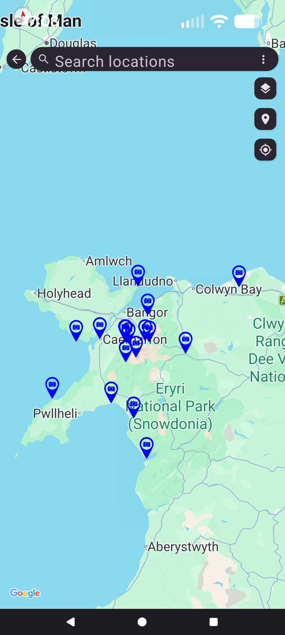 Locations Map displaying saved photography locations, in this case in Wales.