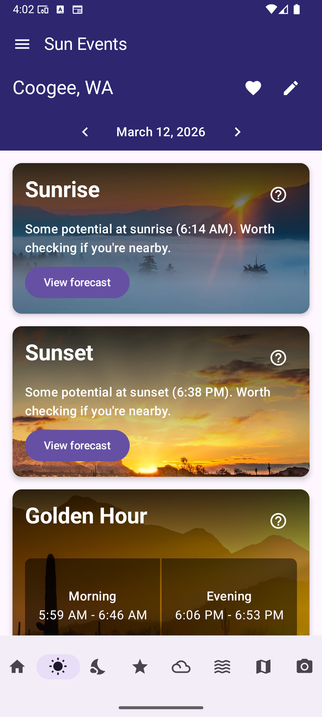 Sun Events screen with information about key events for the day at the selected location