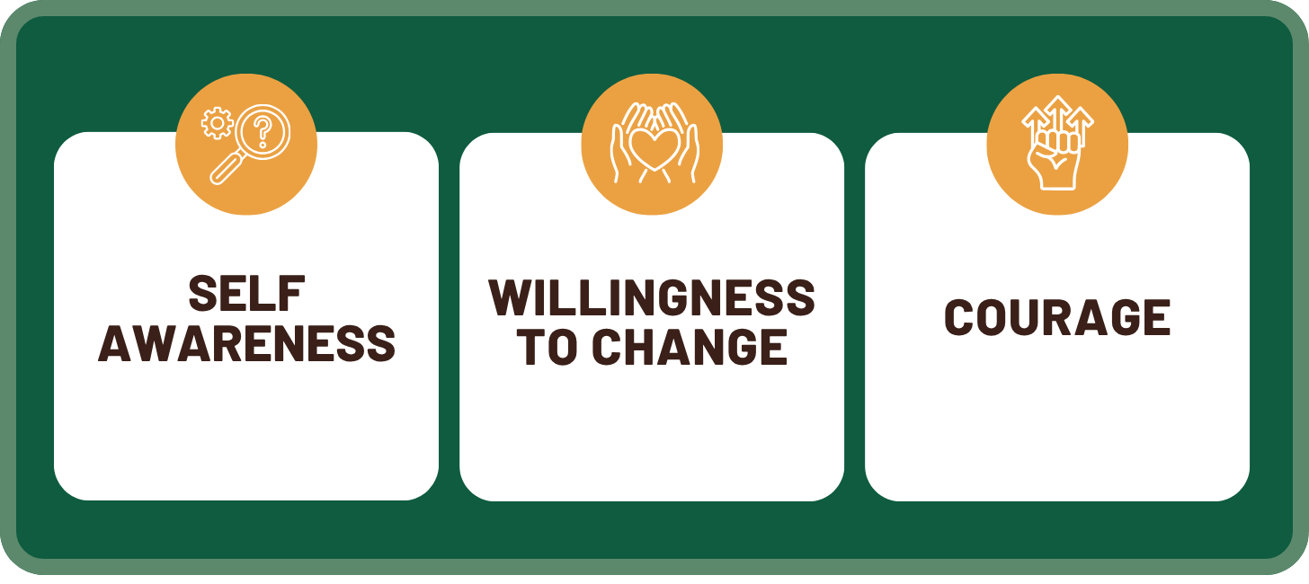 Graphic illustrating three foundations of shared power and leadership: self-awareness, willingness to change, and courage.