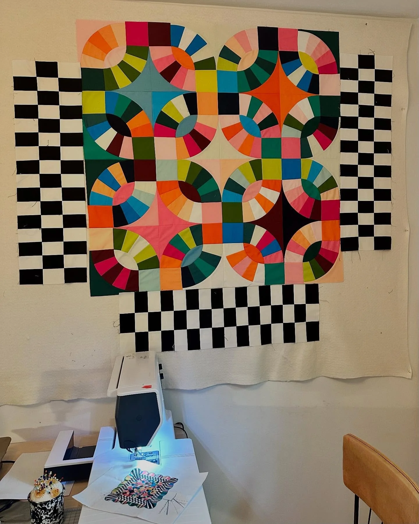 Finally have a plan for this to grow! Only had to order a couple more yards of fabric. Can't wait for it to get here from @stashfabrics ! Wish I had a bigger design wall. 

#blockstudiescollective #blockstudiescollective2024
#tarafaughnan #modernquil