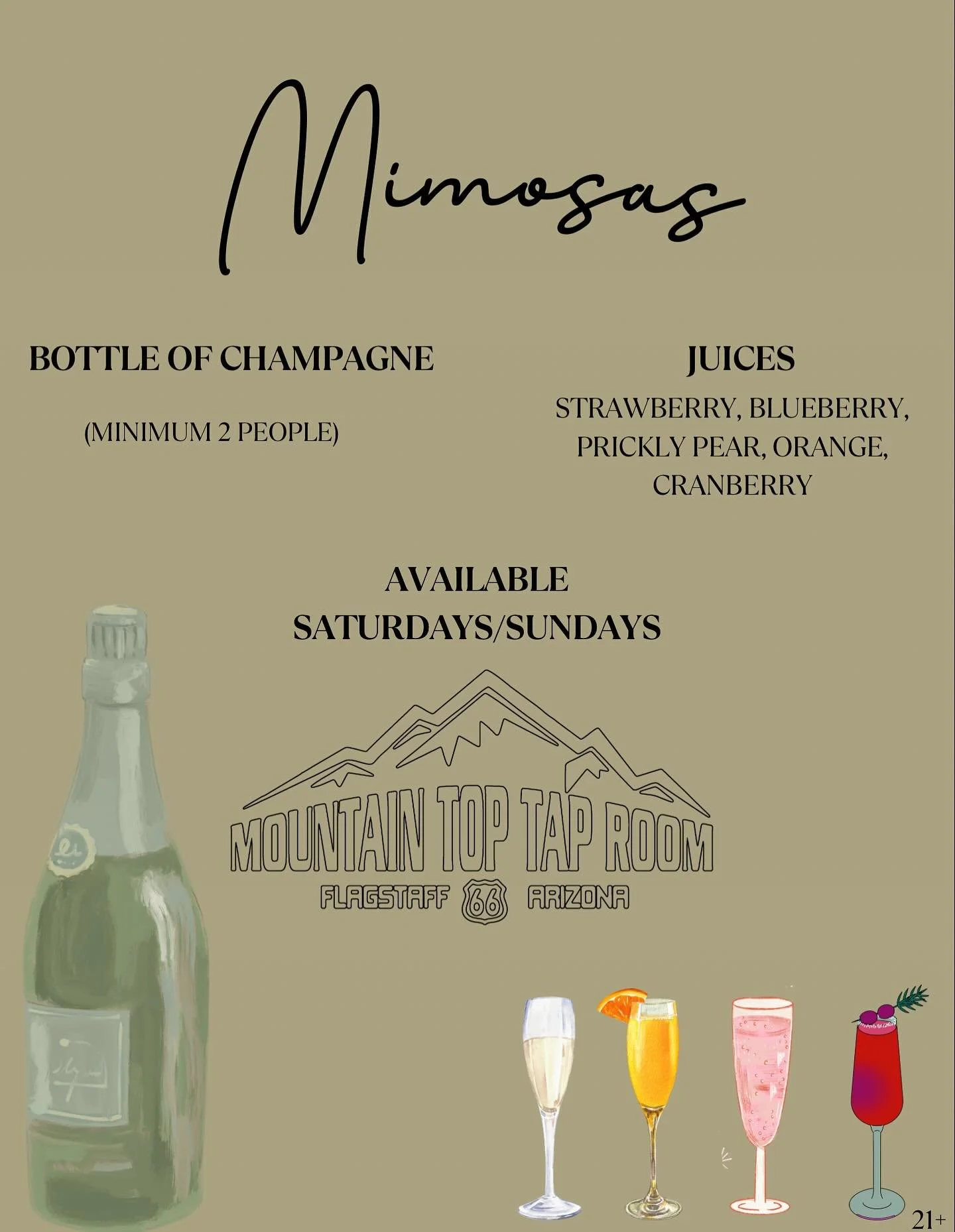 Now offering mimosas 🍾 at Mountain Top! Come by with your crew and enjoy a bottle of champagne 🥂 single mimosas available as well. See you soon! 🤩 #21+ #mimosas #mttr