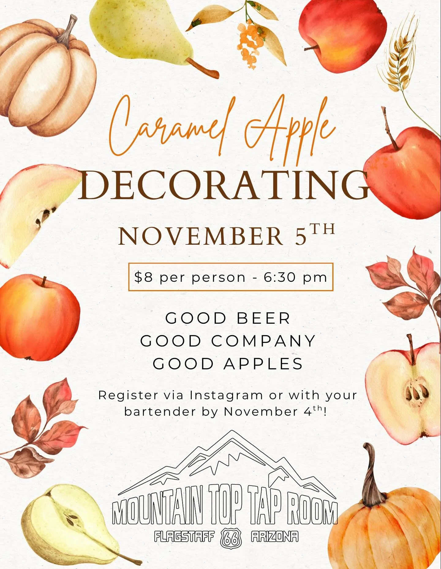 Happy Fall! Join us at Mountain Top and indulge in some craft beer, cider, and caramel apples 😋 the perfect fall treat paired with great company 🍎 see you there! #21+ #caramelappledippingbar #mttr