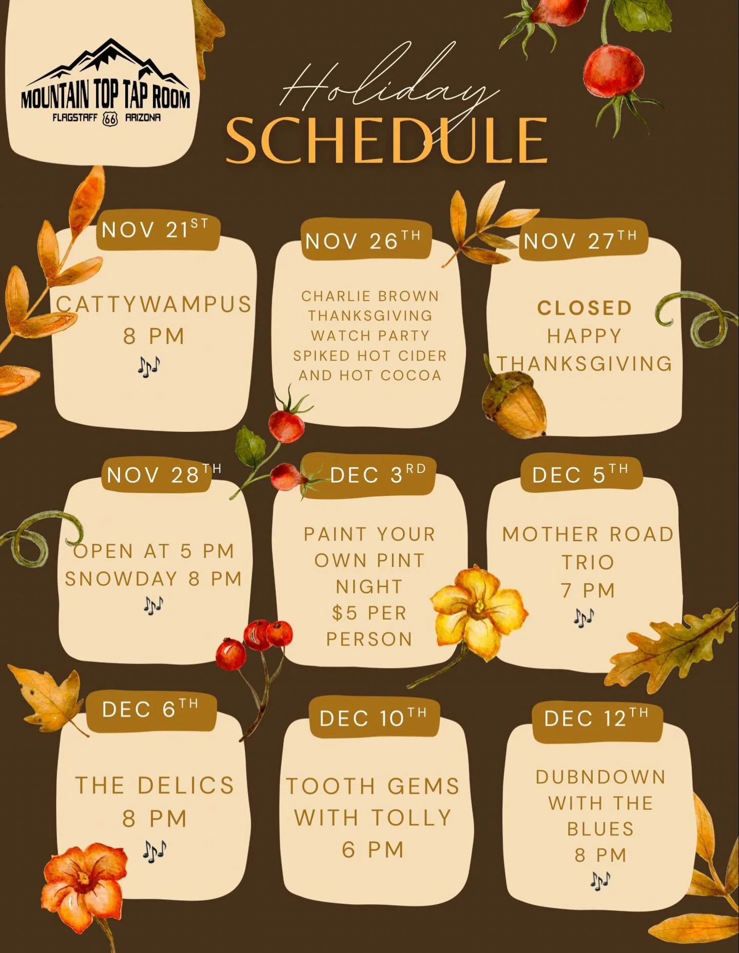 The next couple weeks at Mountain Top🤩 we will be closed on Thanksgiving day and opening up at 5 pm on Black Friday! Boozy cider, fun events, and incredible local bands! See you there 🍻 
#21+ #mttr