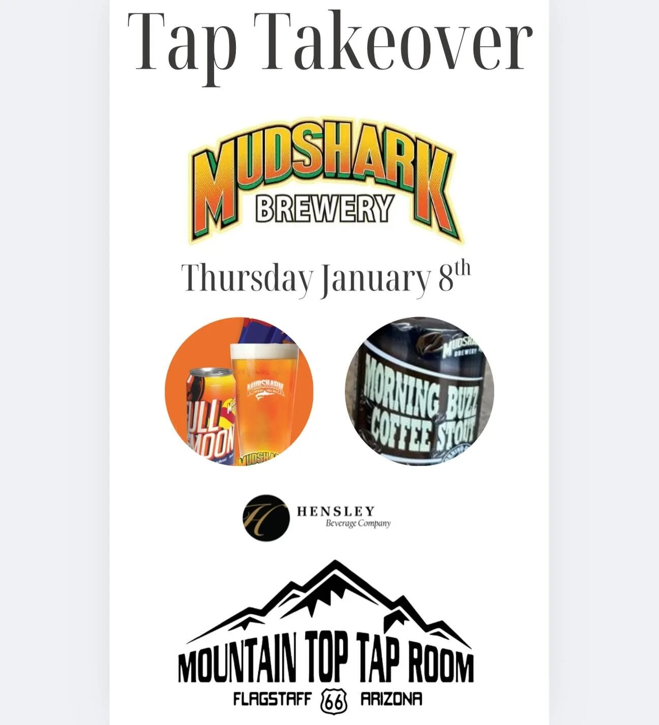 Join us this Thursday to try our @mudsharkbrewery featured beers on tap, Morning Buzz and Full Moon! Come by anytime 5-7 pm for a chance to get some merch! Full Moon is always a popular choice at Mountain Top, a strong, sweet wheat beer that&rsquo;s 