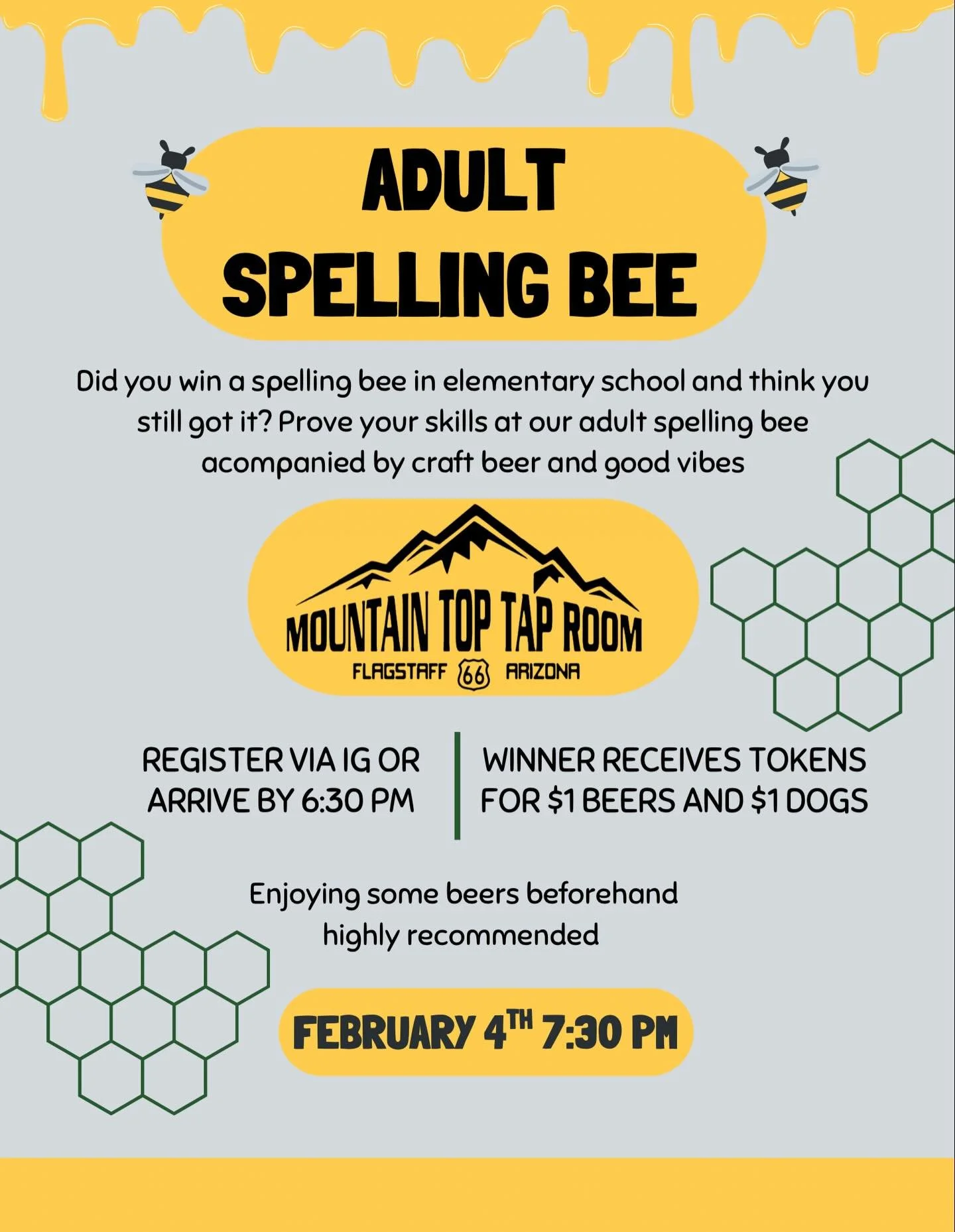 Our first adult spelling bee was a success! Thank you so much to everyone who came, we will be doing it again February 4th! All new words, and a system for if we have a final two fighting for first place. Can&rsquo;t wait to see you there for round 2