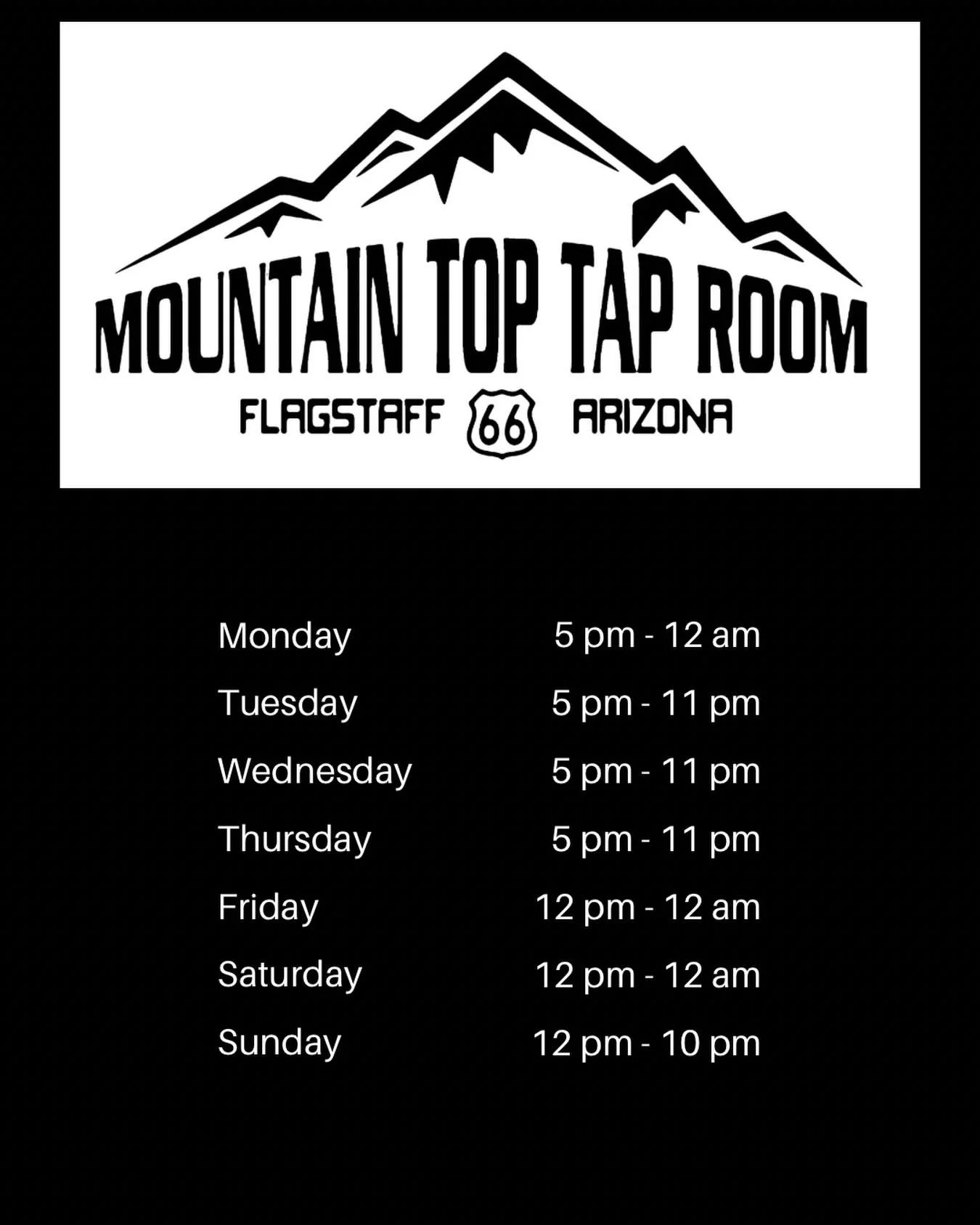 Our new hours here at Mountain Top! Please notice that we will open at 5 pm Monday through Thursday and open at 12 pm Friday through Sunday! We are excited to continue serving you 7 days a week! 🍻