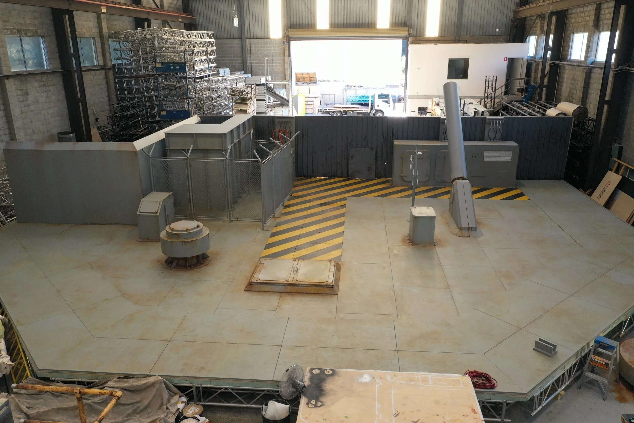 Test build of set pieces for Interceptor movie, made in the Stagekings warehouse. 