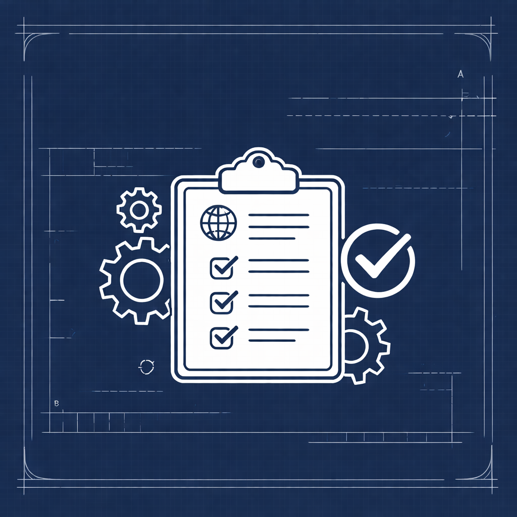 Blueprint-style illustration of a checklist on a clipboard surrounded by gears and a large checkmark, set against a dark blue background.