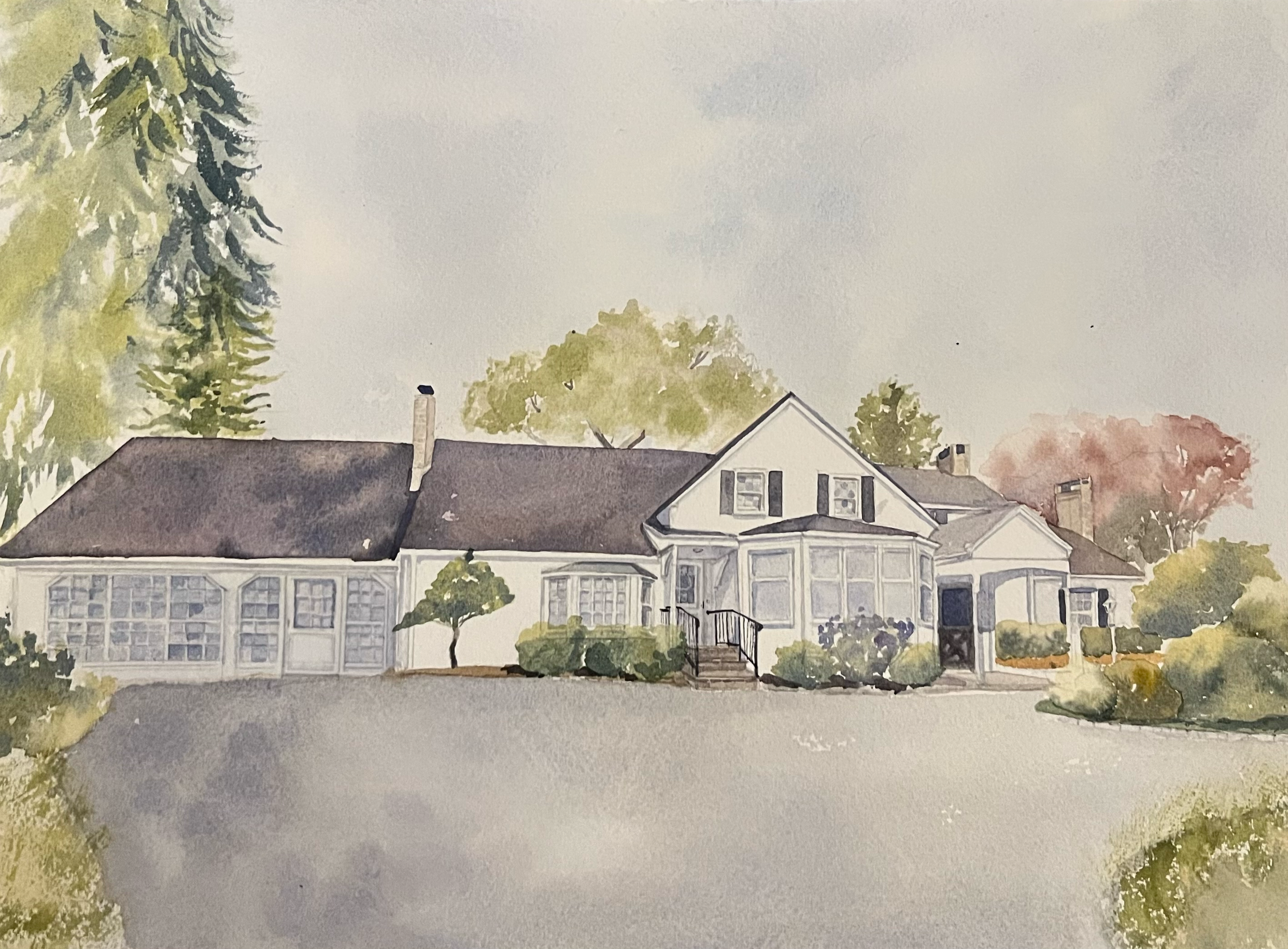 Watercolor painting of a white house with a porch, surrounded by trees, under a cloudy sky.