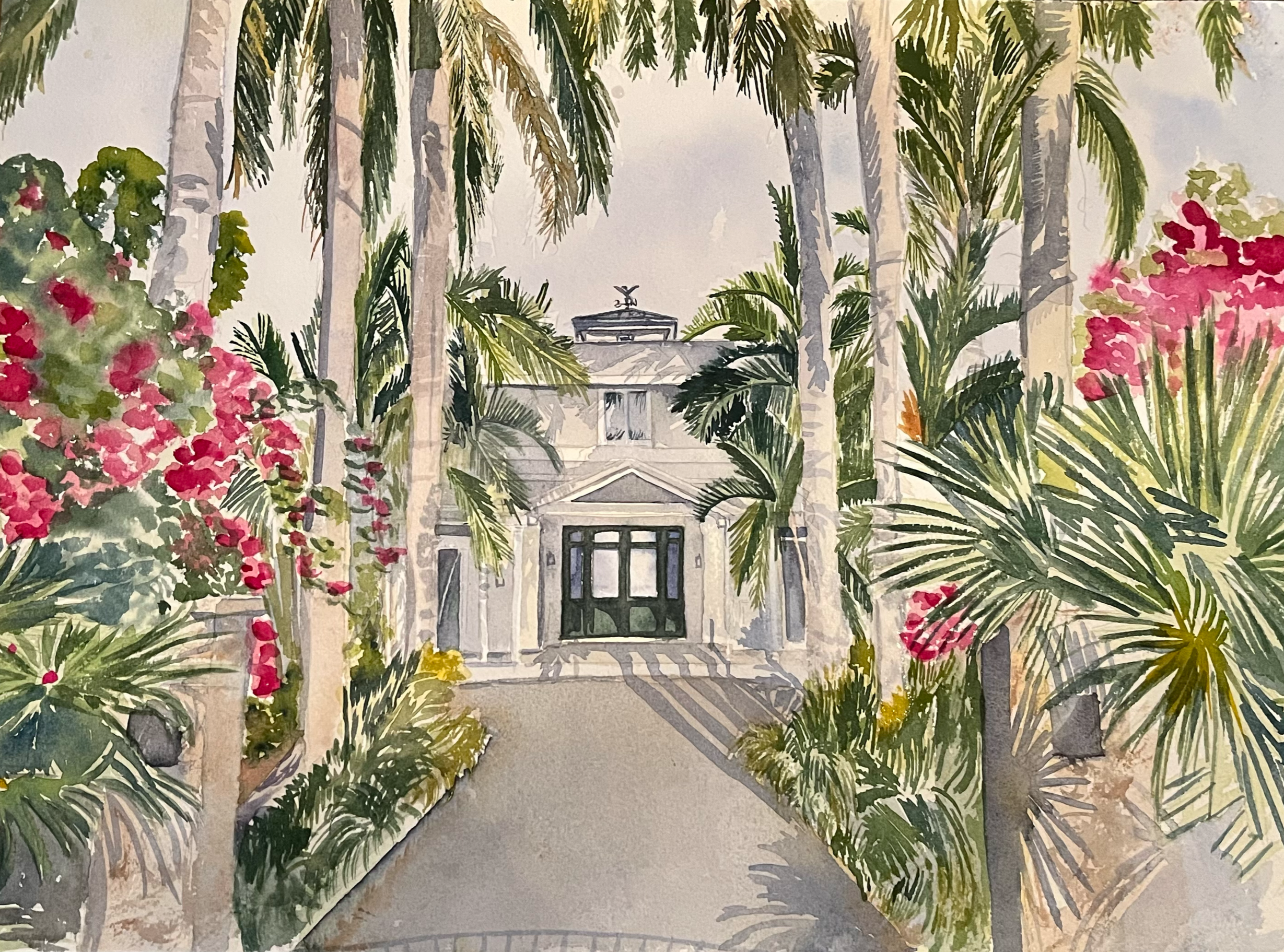 A watercolor painting of a house with a stone facade, black front door, and large windows, surrounded by lush greenery including palm trees, flowering plants, and bushes