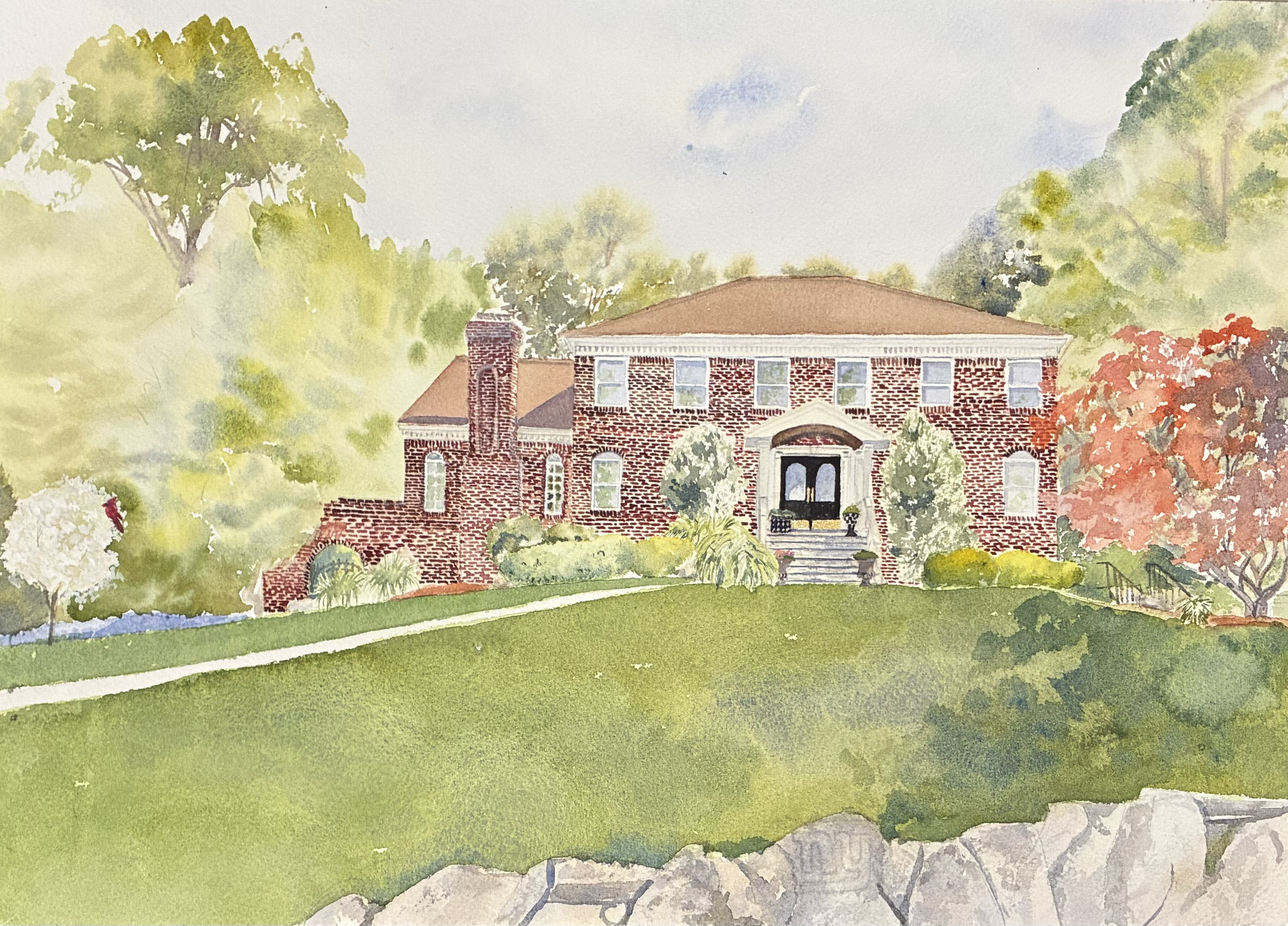 A watercolor painting of a red brick house with a front porch, surrounded by trees and a manicured green lawn.