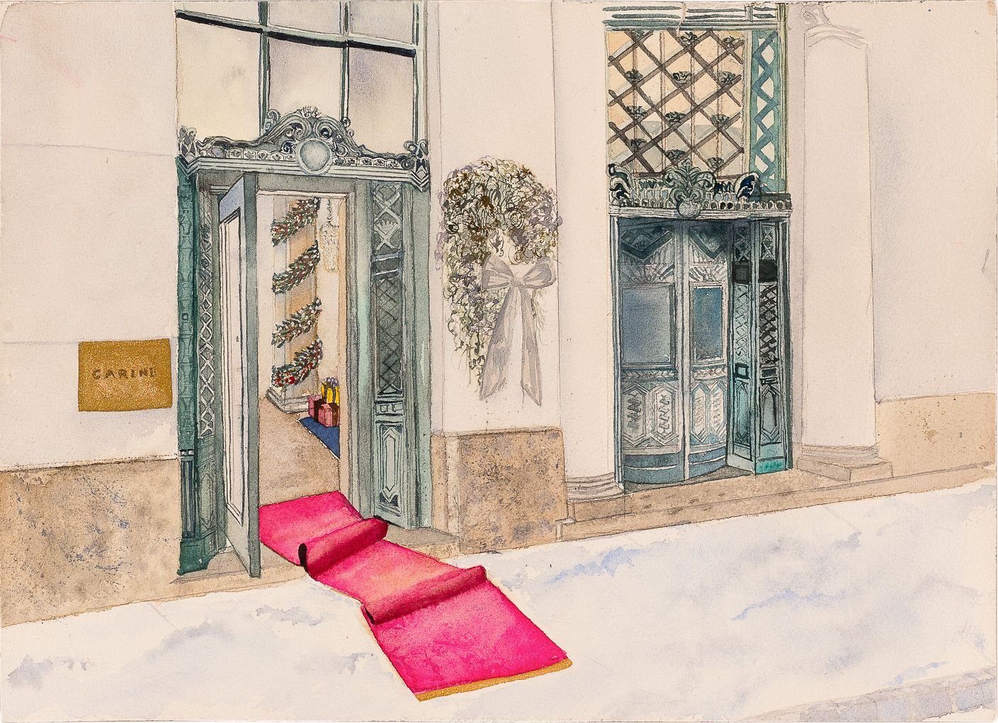 Watercolor drawing of an ornate doorway with open double doors leading into a decorated interior. A red carpet runner extends from the entrance. To the right of the doorway, there is a decorative wall hanging with a floral wreath and a large bow. A s