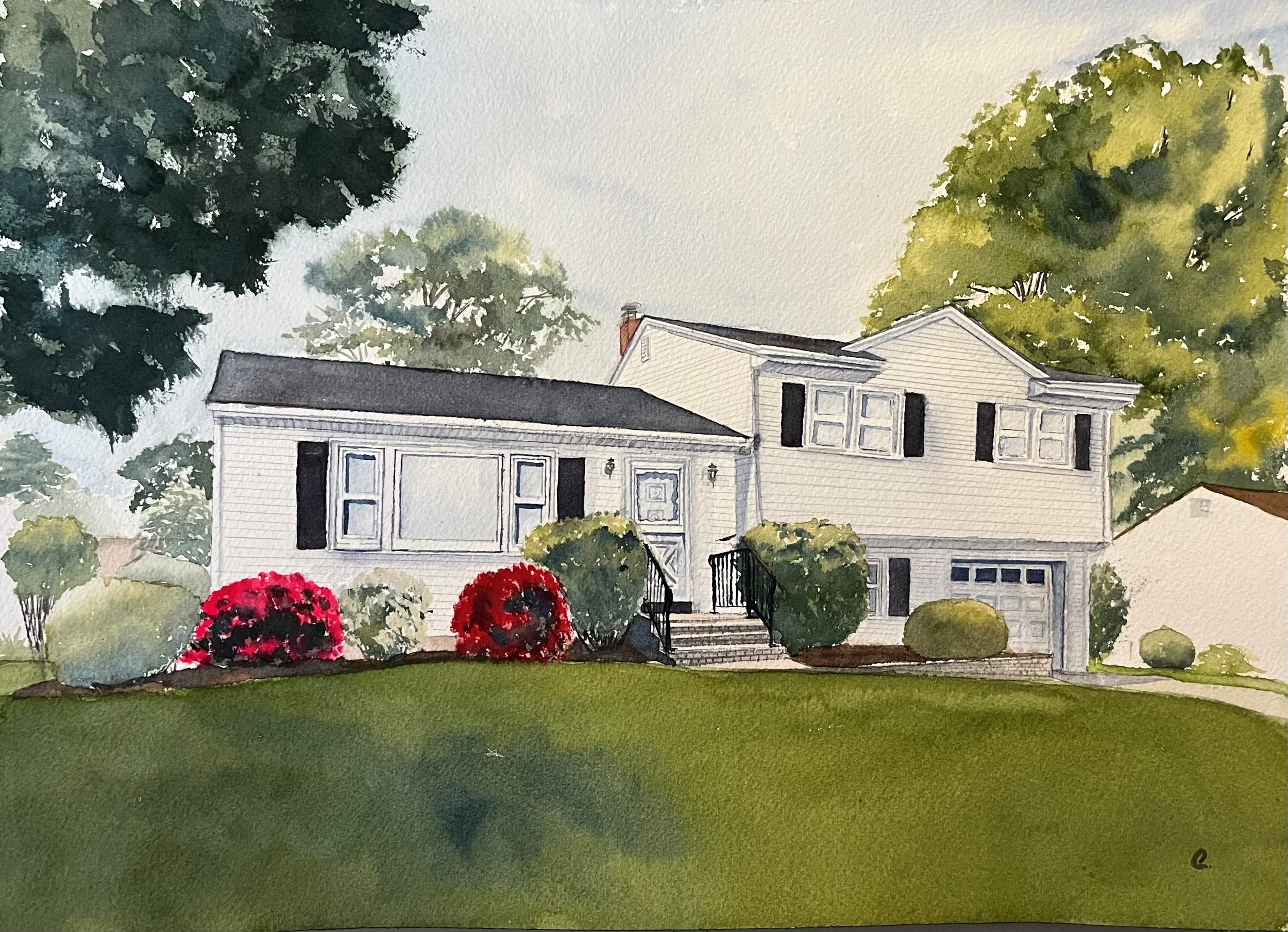 Watercolor painting of a two-story house with white siding, black shutters, a front porch with steps, surrounded by trees and shrubbery, with a green lawn in the foreground.