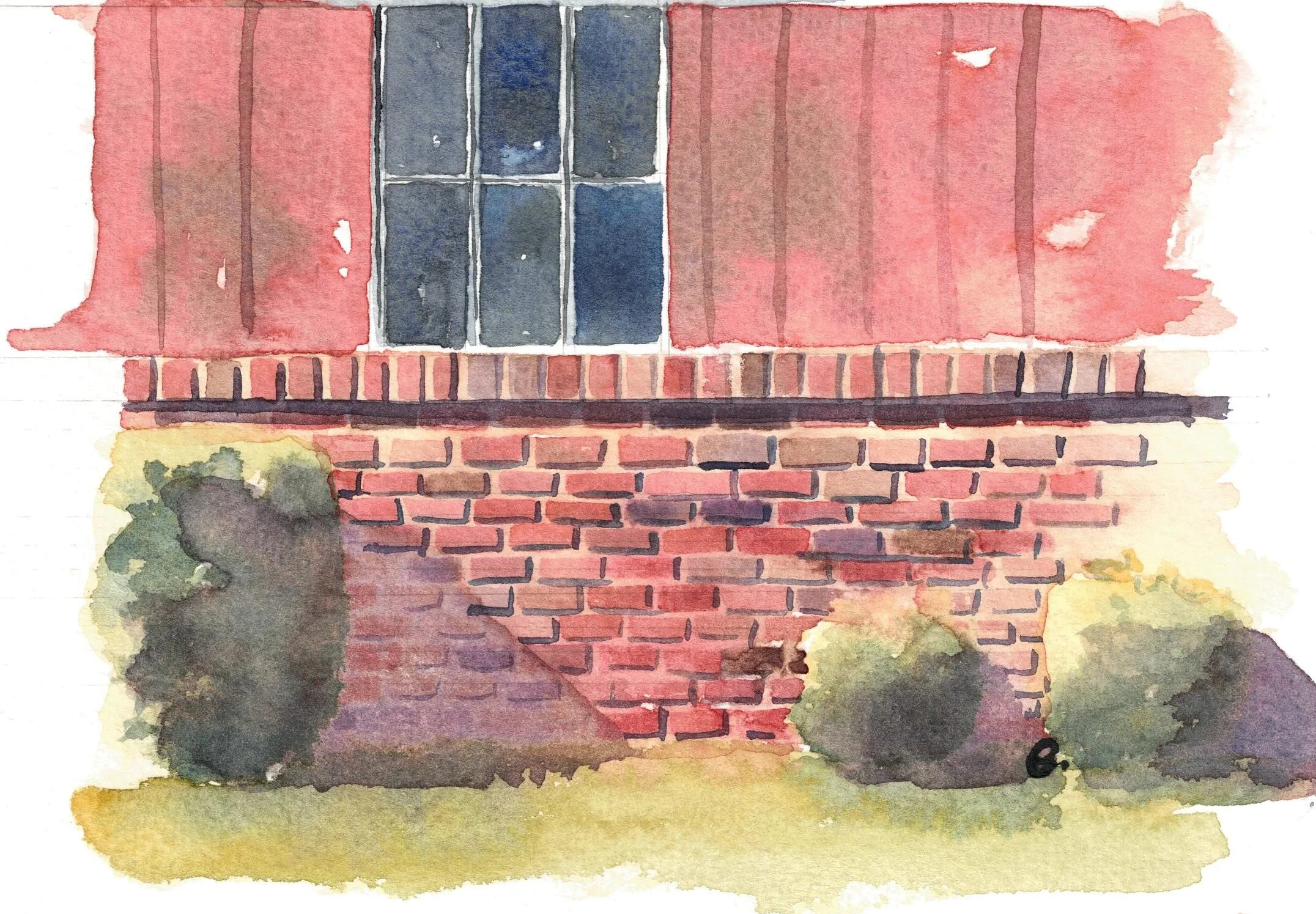 Watercolor painting of a brick house foundation with a brick wall and window, surrounded by shrubs and grass.