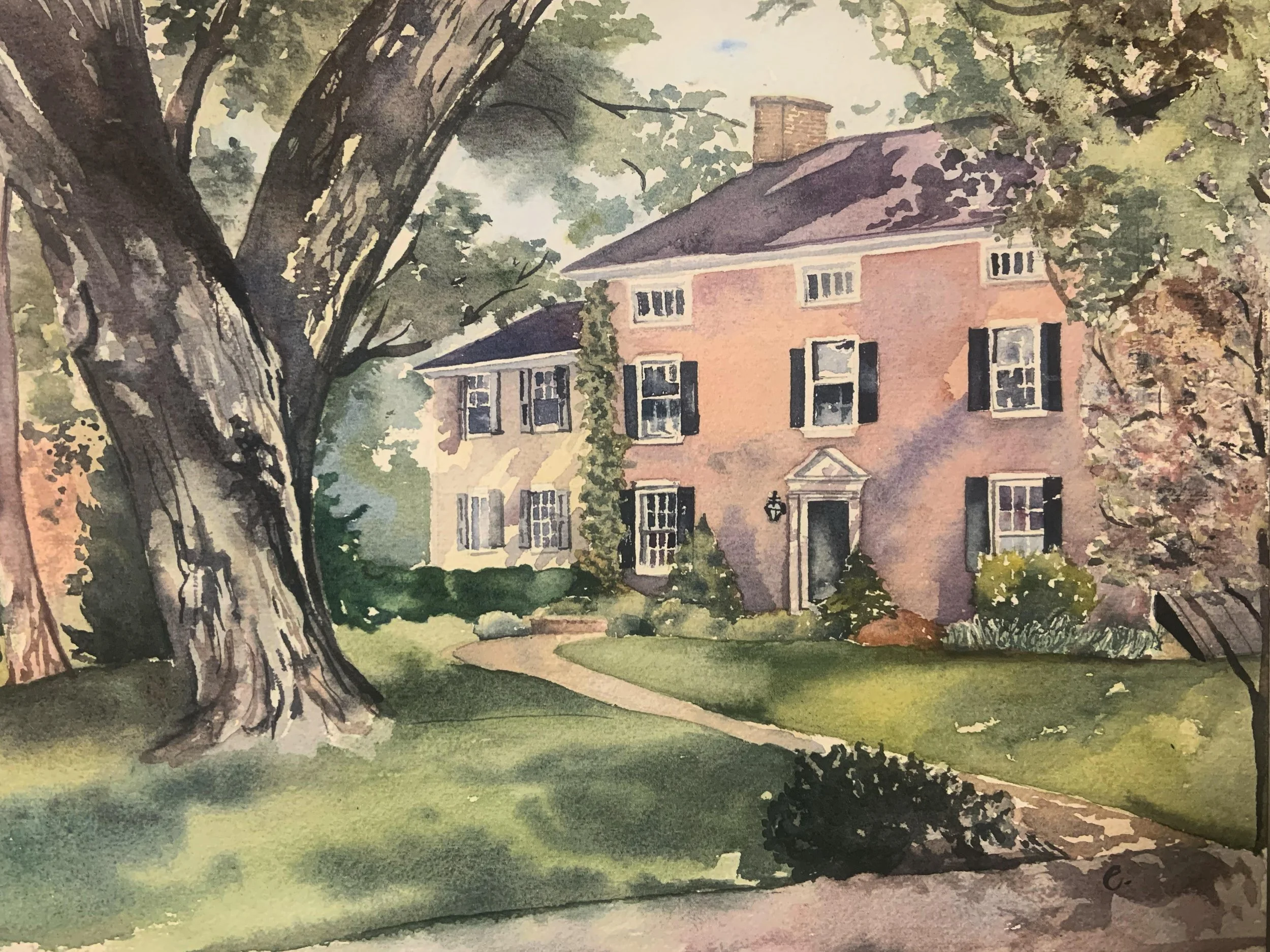 A watercolor painting of a large brick house surrounded by trees and a well-maintained lawn with a winding walkway.