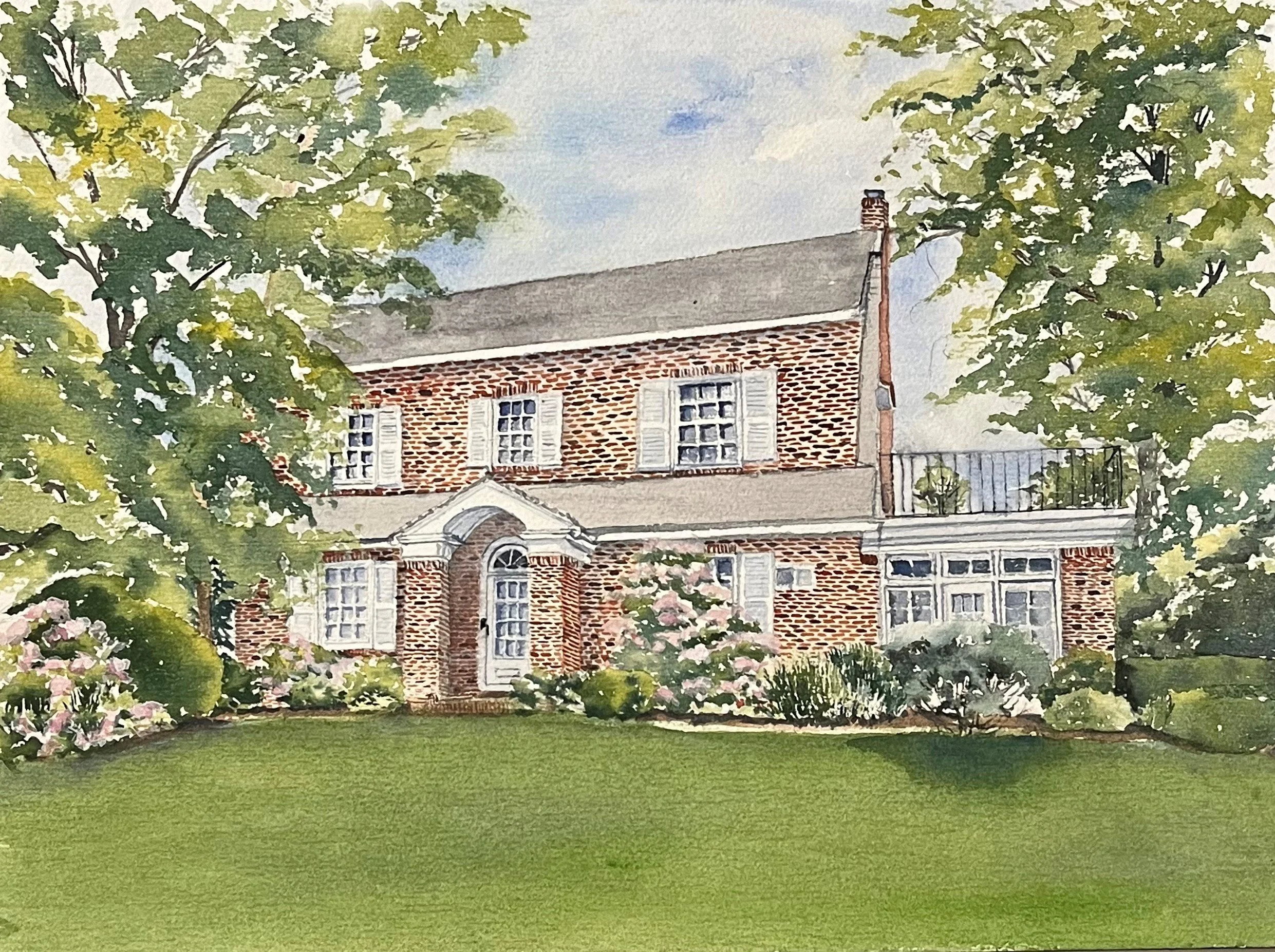 Watercolor painting of a brick house with white shutters, a well-manicured lawn, trees, and flowering bushes.