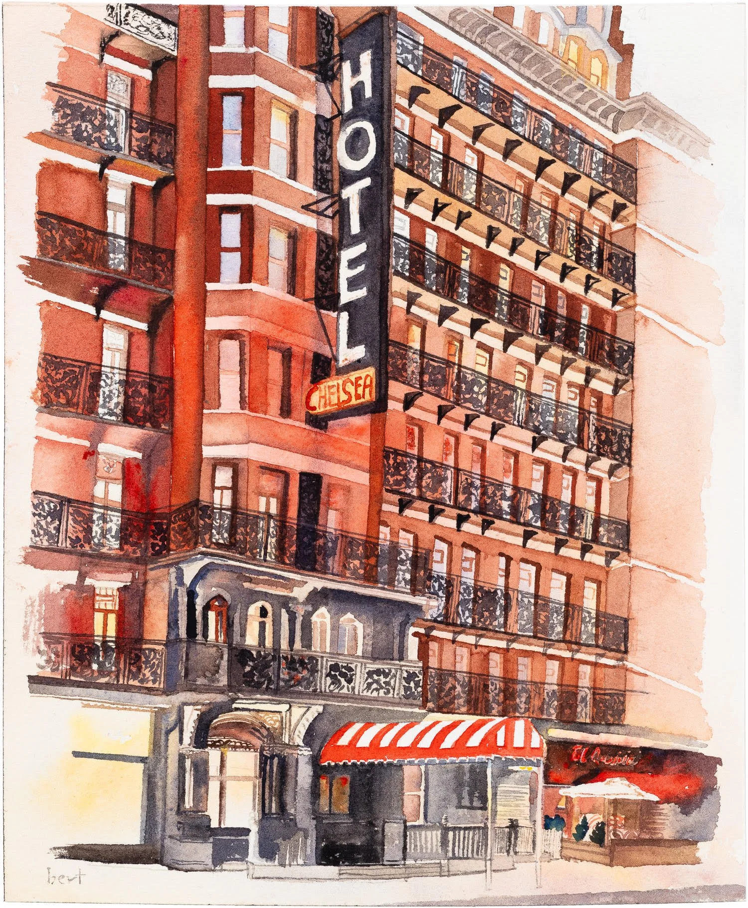 Watercolor painting of a multi-story building with a hotel sign, balconies, and a restaurant with a red and white striped awning on a city street.